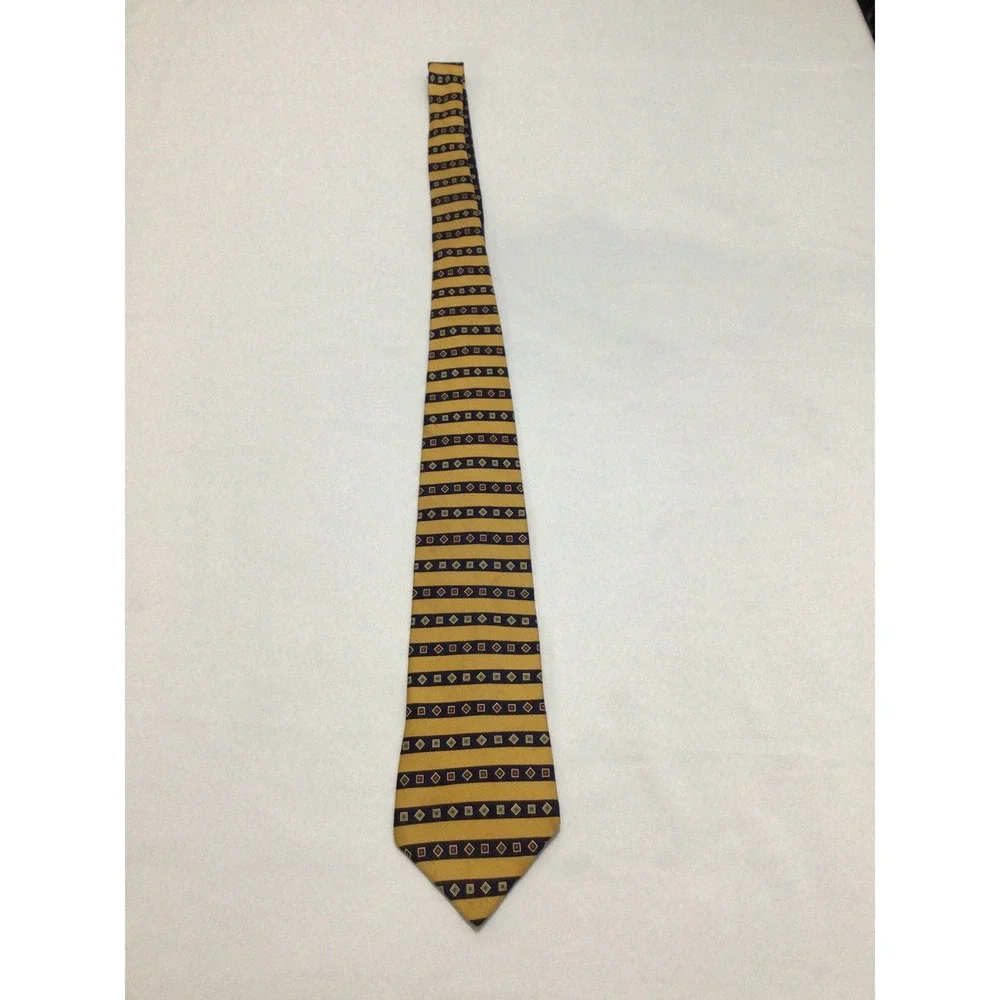 Tommy Hilfiger Mens Silk Tie Navy Blue Gold Geometric Diamond Striped 4 Inch